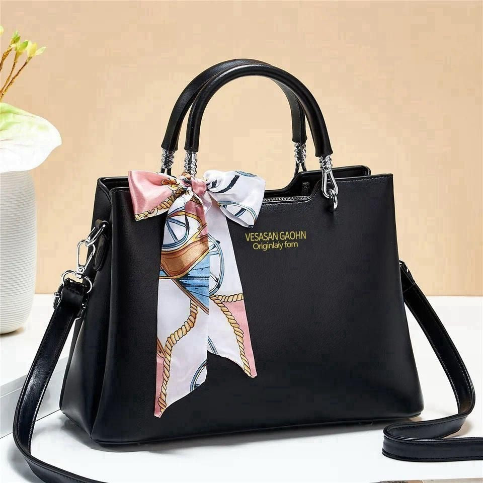 1Pc Vesasan Gaohn Faux Leather Handbag With Decorative Scarf Elegant Design Premium Quality - Black