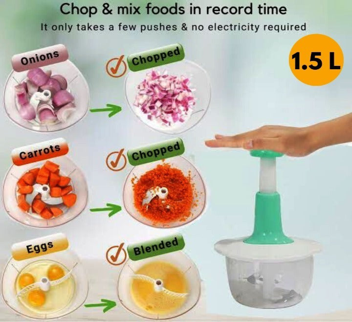 1.5L Manual Food Chopper – Speedy Hand Press Vegetable & Fruit Cutter - Plastic Body (Random Color)